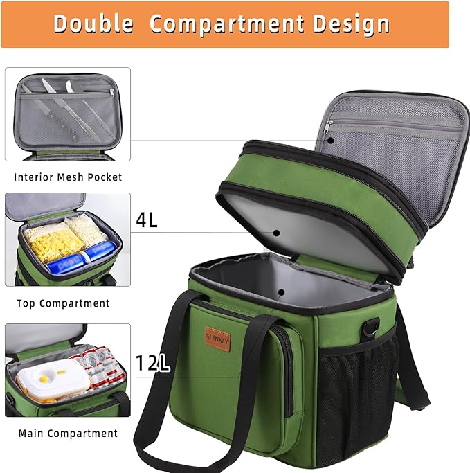 Expandable Large Insulated Lunch Box, Heavy Duty Lunch Cooler Bag Durable Leakproof Lunch Pail for Men Women Adults Work Shift Outdoor Picnic Camping Road Trip, 16L, Army Green, GLENKEY