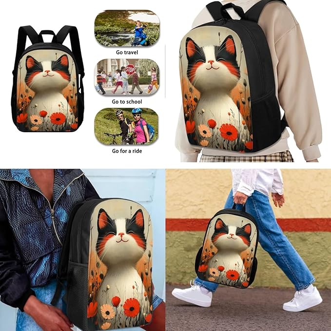 Dolyues Flower Cat Adorable Girls Backpack Set: 17 Inch Cute School Backpack, Insulated Lunch Bag & Pencil Case for Kids - Perfect for Elementary Students & Daily Use
