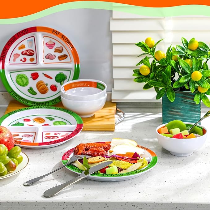 6 Pcs Bariatric Portion Control Set with 3 Bariatric Plates 3 Portion Control Bowls and Stainless Steel Flatwares for Adults Diet Balanced Eating Weight Loss Serving Plans (Colorful)