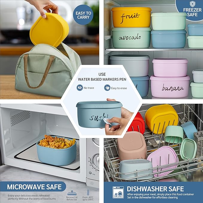 ISSEVE 6Pcs/Set Nesting Silicone Food Storage Containers with Lids, BPA Free Reusable Meal Prep Silicone Containers Lunch Box Bento Box Set (33.8oz, 20oz, 10oz, 6.7oz, 1.3oz) (Blue)