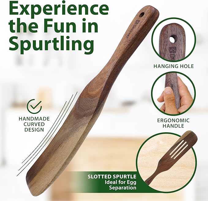 5 Pcs Wooden Spurtle Set - 100% Natural Acacia Wood Cooking Utensils Set - Safe for Nonstick Cookware - Stirs Like a Spoon, Flips Like A Spatula - Spurtles Kitchen Tools Wooden As Seen On TV Paddle