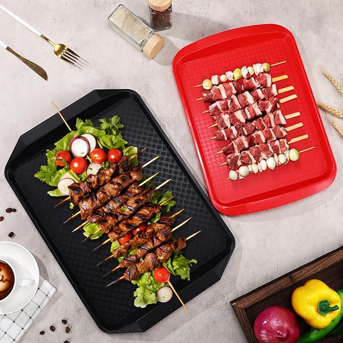 Set of 4 Grill Prep Trays 17x12 Inch 14x10 Inch Large Grill Tray for Cooking Meat Thawing Tray BBQ Serving Plastic Platter, Black Red Stackable Defrosting Grill Prep and Carry System