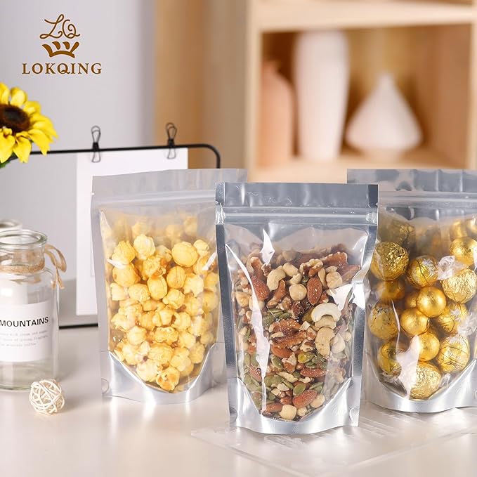 100 PACK Mylar Bags for Food Storage and Resealable for Small Business Packaging Supplies Great for Party Favor Food Storage (Silver,5x8Inches)