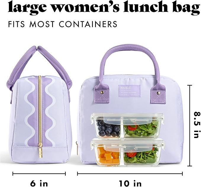 Fit & Fresh Lunch Bag For Women, Insulated Womens Lunch Bag For Work, Leakproof & Stain-Resistant Large Lunch Box For Women With Containers, Zipper Closure Bloomington Lunch Bag, Lavender Scallop