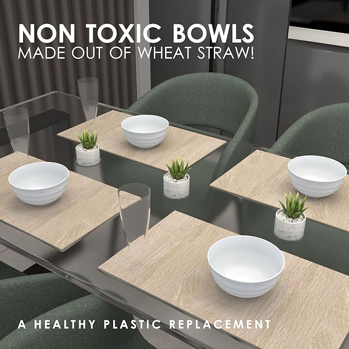 6 Wheat Straw White Bowl 60 OZ - Deep Microwave Safe Bowls For Kitchen - Alternate To Large Plastic Salad Bowl Set Of 6 - PHO Bowls For Soup Cereal Salad Rice Pasta Popcorn Snack