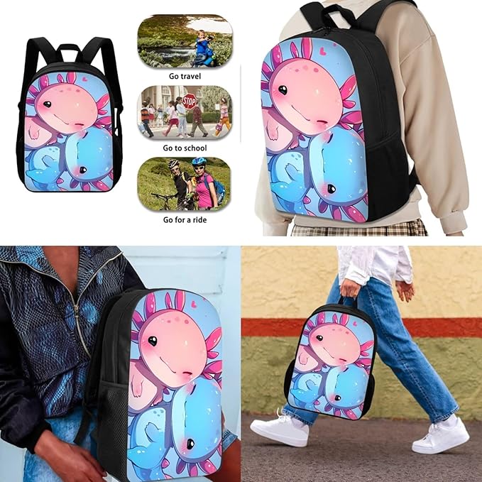Dolyues Couple Axolotl 3-Piece Backpack Set for School - Includes Travel Backpack, Lunch Box & Pencil Case - Perfect for Middle School, Preschool & Kindergarten