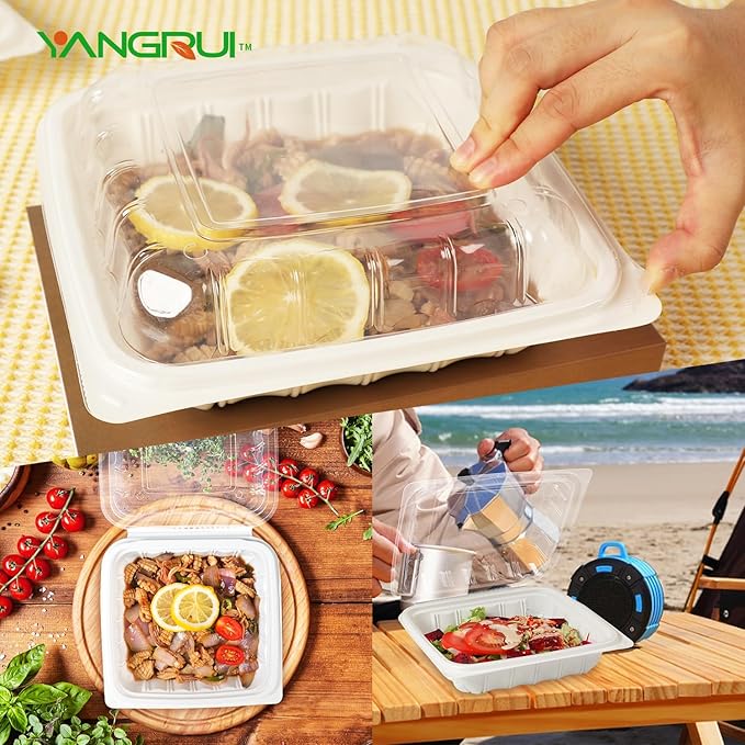 YANGRUI To Go Containers, Reusable Anti-Fog Shrink Wrap 25 Pack 8 Inch 34 OZ White Plastic Meal Prep Boxes BPA Free Microwave Freezer Safe Hinged Clamshell Take Out Container
