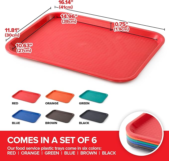 Stock Your Home Large Plastic Serving Trays for Fast Food (Set of 6) 16” x 12” Multicolor Cafeteria Tray for Lunch, Restaurant, Café, Craft Service Carts