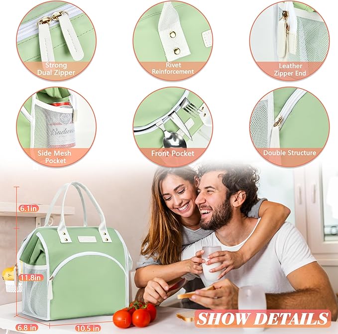 LOKASS Lunch Bag Women Insulated Lunch Box Wide-Open Lunch Tote Bag Large Waterproof Cooler Bag for Work Picnic Hiking Beach(Gray)