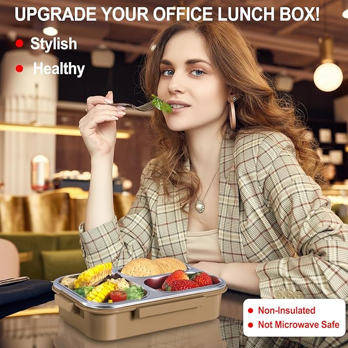 Stainless Steel Lunch Box for Kids & Adults - 25 oz - Leakproof 3 Compartment Metal Lunch Container - 18/8 Stainless Steel Bento Box - Ideal for School, Office & Outdoor - Dishwasher Safe (Khaki)