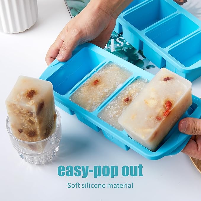 Silicone Freezer Tray with Lid 2 Pack Silicone Freezer Molds - Large Ice Cube Tray - Makes 8 Perfect 1 Cup Portions Soup Cubes Meal Prep Containers- Oven & Dishwasher Safe