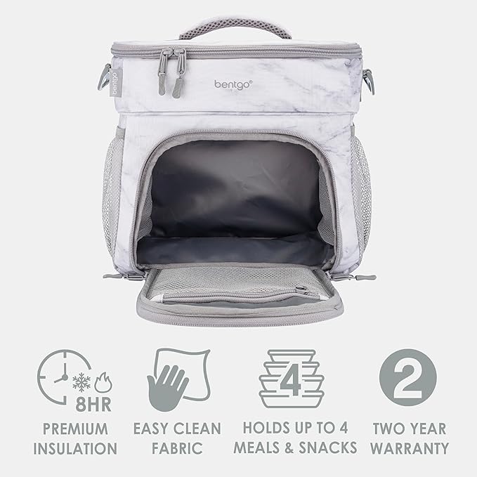 Bentgo Prep Deluxe Insulated Multimeal Bag - Lunch Box Bag, Holds 5 Meals, Premium Insulation up to 8 Hrs, Durable, Water-Resistant - Large Capacity For Adult Meal Prep (White Marble)