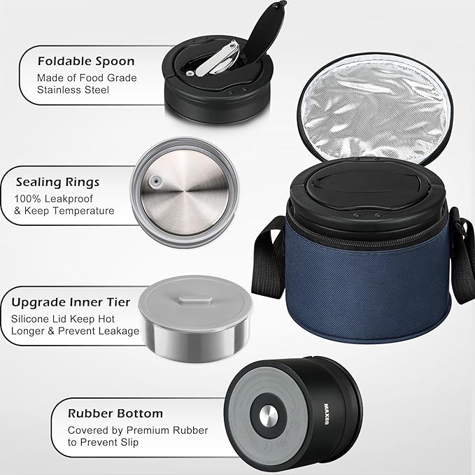MAXSO Food Jar for Hot Food - 24 OZ Soup Thermo for Adults Vacuum Insulated Lunch Containers with Foldable Spoon & Thermal Bag, Wide Mouth Leakproof Bento Box - Black