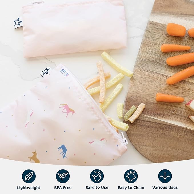 Tiny Twinkle 3 Pack Reusable Snack Bags - Machine Washable, PFAS, PVC, BPA, Phthalate-Free Reusable Baby and Toddler Food Safe Snack Bags (Unicorn)