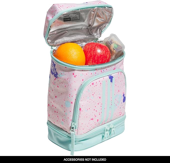 adidas Excel Lunch Bag, Cooler with Zipper, Pocket for Ice Pack, and Clip, Temperature Control Insulation, Splatter Sandy Pink/Semi Flash Aqua Blue, One Size