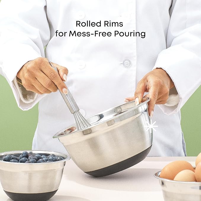 JoyJolt Stainless Steel Mixing Bowls with Airtight Lids, 7 Piece Nesting Bowls Set for Kitchen with Measurement Marks, Non-Slip Bottoms, Cooking, Baking, Prepping, Storage, 7/5/4/3/1.5/1/.75QT, Black