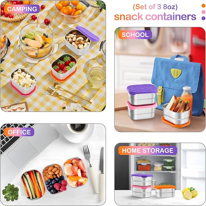 Leonyo 18/10 Stainless Steel Snack Containers for Kids, 8oz Food Container with Silicone Lid Easy Open Leak Proof, Metal Toddler Lunch Box for Daycare School, Healthy & Lightweight, Multi-color&3Pcs