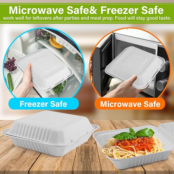greensight Clamshell Take Out Food Container 100 Pack, 9 x 9 Compostable To Go Containers, Disposable To Go Food Boxes, Biodegradable Made From White Sugarcane Fibers