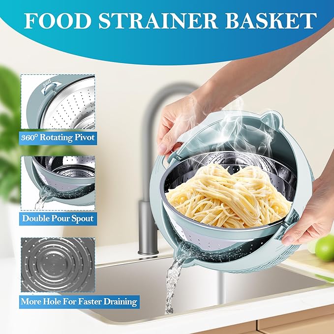 4 in 1 Colander with Mixing Bowl Set, Colander for Kitchen, Strainers and Colanders, Pasta Strainer, Rice Washer, Fruit Cleaner, Veggie Wash, Aesthetic Kitchen Essentials - Blue