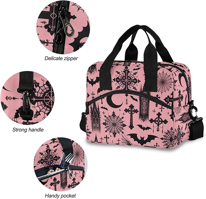 MNSRUU Insulated Lunch Bag Black Gothic Moon Spider Webs and Bats Women Men Fabric Dinner Tote Cooler Bag Reusable Leakproof Lunch Box with Adjustable Shoulder Handles Strap For Work School