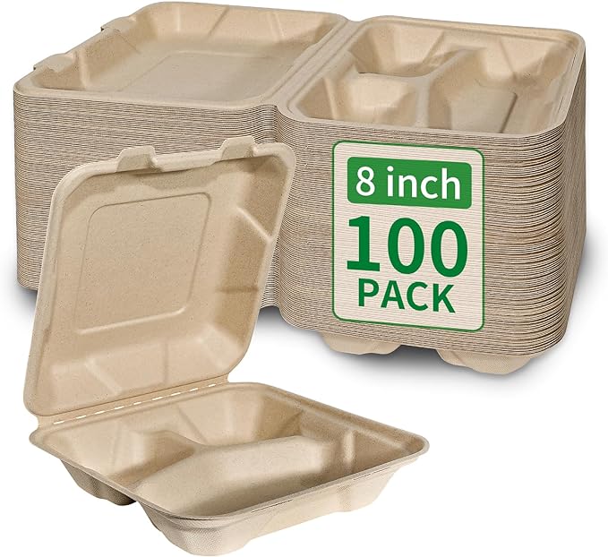 Aricsen Compostable 100 Pack 8x8 Inch 3 Compartment Takeout Lunch Box Containers with Lid To Go Take Out Clamshell for Food, Disposable Eco-Friendly Biodegradable Bagasse, PFAS-Free, Unbleached Brown