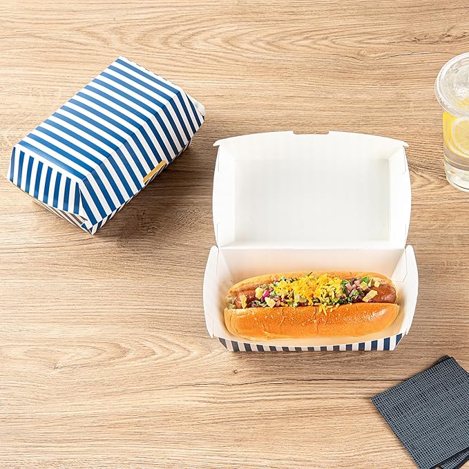 Restaurantware Bio Tek 6.7 x 3.5 x 3.5 Inch Clamshell Food Containers 100 Disposable Sandwich Containers - Hinged Lid Tab-Lock Closure Blue And White Paper Hot Dog Containers Greaseproof