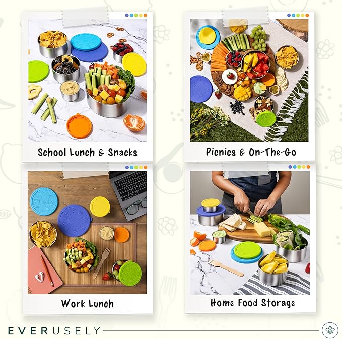 Everusely - Stainless Steel Containers with Lids - Set of 5, Summer Collection - Leakproof Stainless Steel Food Containers - Nesting Snack Holders - Metal Lunch Box - Portable & Reusable Meal Kit