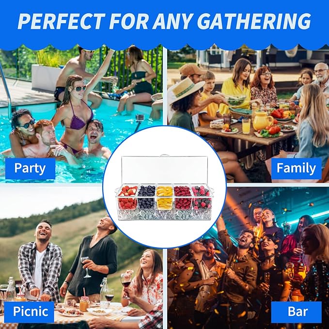 Large Ice Chilled Condiment Caddy,Chilled Condiment Containers Server with Lids for 5 Removable Compartments (2.5 cup),Serving Platters , Fruit & Garnish Tray for Party Supplies & Bar Accessories
