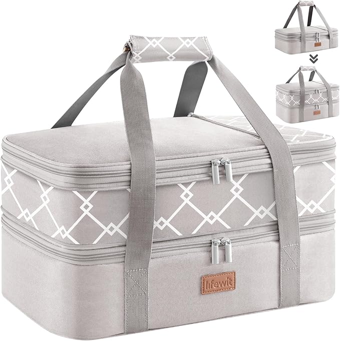 Lifewit Expandable Insulated Casserole Carrier for Hot or Cold Food, Double Decker Food Bag Lasagna Holder Carry Tote for Potluck Parties/Picnic/Cookouts, Fits 9"x13" Baking Dish, Grey-Geometric
