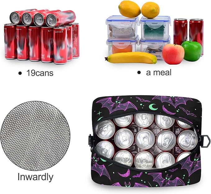 MNSRUU Insulated Lunch Bag Neon Purple and Bats Stars and Moons Women Men Fabric Dinner Tote Cooler Bag Reusable Leakproof Lunch Box with Adjustable Shoulder Handles Strap For Work School
