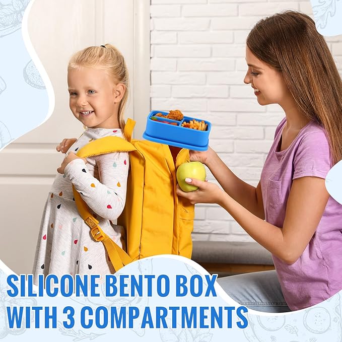 Baderke 2 Pcs Silicone Bento Box for Kids Lunch Box with 3 Compartments Leak proof lunch Container for Children Toddlers for Microwave, Freezer and Dishwasher(Light Blue, Light Green)