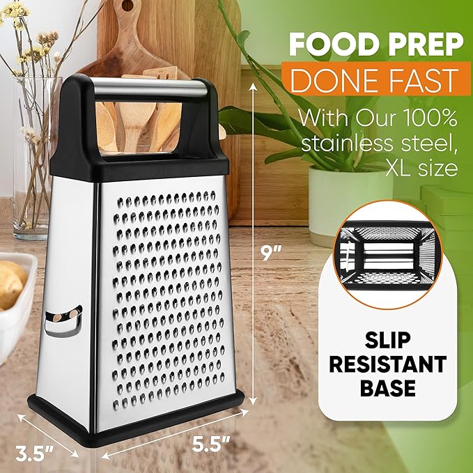 Spring Chef Professional Box Grater, XL Size, Black & Stainless Steel Round Measuring Cups, Set of 7-2 Product Bundle