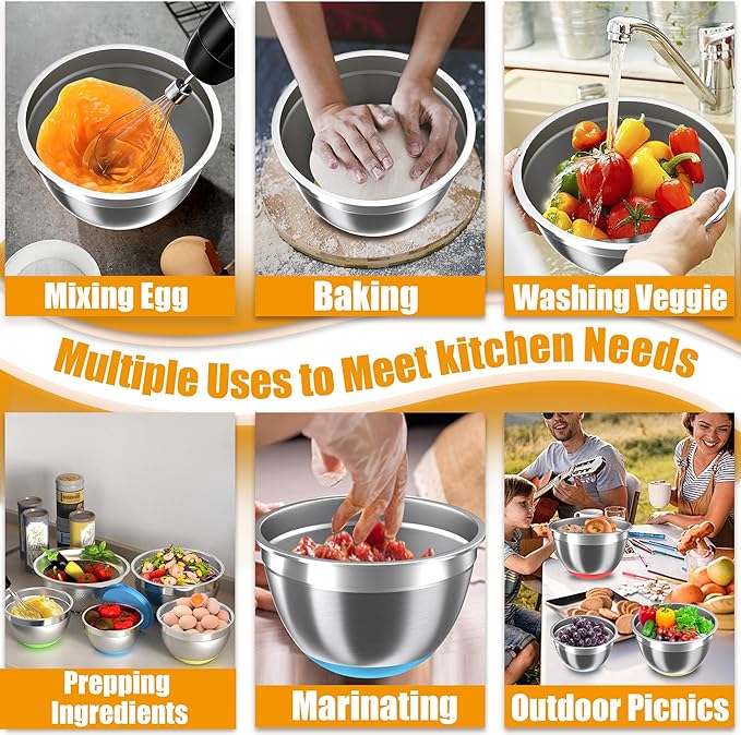 Mixing Bowls with Airtight Lids Set, 4 Stainless Steel Bowls Nesting Bowls & Colander, Kitchen Organizers and Storage Non-Slip Bottom, Size 1.5/2.0/2.5/4.0QT, Great for Mixing & Serving, Multicolor