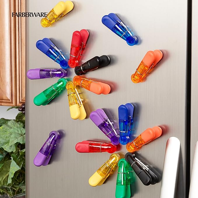 Farberware Colourworks Set of 15 Multipurpose Clips Food Saving Chip Bag Sealers with Magnetic Backs, 16 Pack, Assorted Translucent Colors