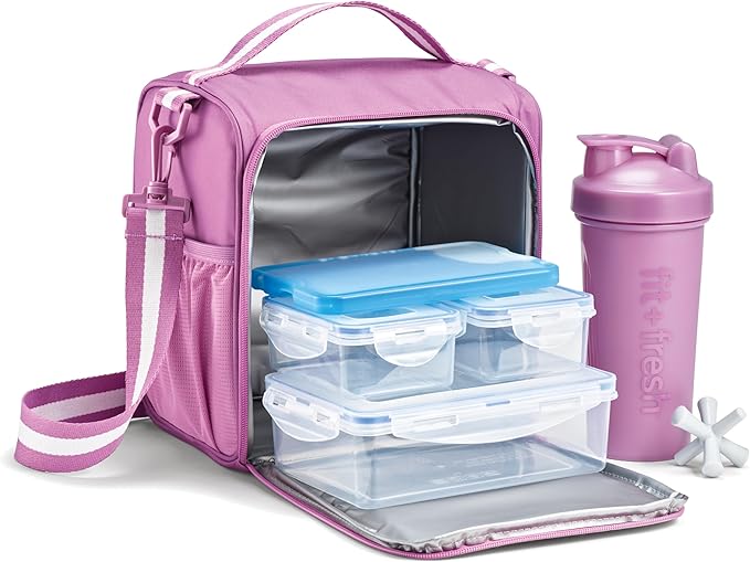 Fit & Fresh BREE Meal Prep Lunch Box With Containers, Ice Pack, and Shaker Bottle For Men and Women, 6pc. Meal Prep Kit Lunch Bag With Containers Included, Mauve