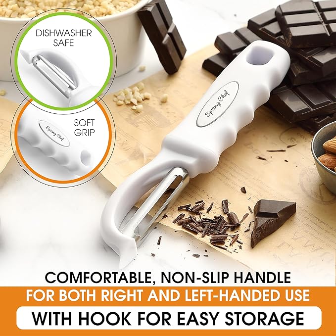 Spring Chef Premium Swivel Vegetable Peeler, White & Stainless Steel Magnetic Measuring Cups, Set of 7, Black - 2 Product Bundle