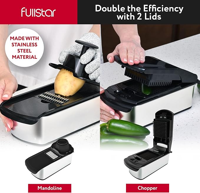 Fullstar Vegetable Chopper and Spiralizer - Food Chopper with Container, Fruit Slicer, Kitchen Gadgets & Accessories, Home Essentials (14 in 1, Stainless Steel)