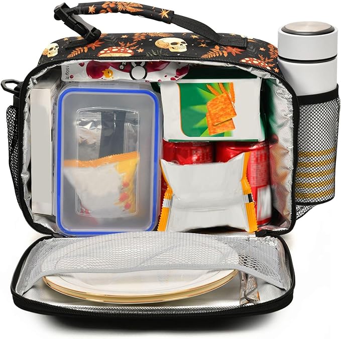 MNSRUU Student Lunch Bag Mushrooms Skull Insulated DinnerTotes Picnic Bag Lunch Box with Adjustable Shoulder Strap for Teen Kids Adults