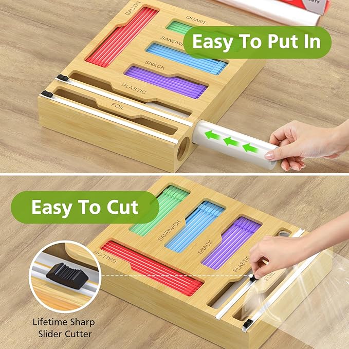 Bag Storage Organizer for Kitchen Drawer, 6 in 1 Foil and Plastic Wrap Dispenser with Cutter, Bamboo Plastic Bag Food Baggie Organizer for Gallon, Quart, Sandwich, Snack