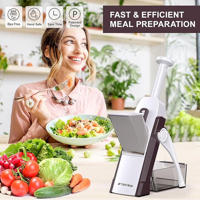 5 in 1 Safe Mandoline Slicer for Kitchen, Safe Vegetable Chopper with Paring Knife, Adjustable Thickness, Easy to Clean, Vegetable Slicer, Slicing, Strips, Shredding, Dicing, Chop (Brown)