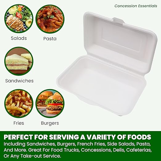 Concession Essentials Pack of 30CT 9" x 6.5" x 1.5" Inch Foam 1-Compartment Containers, White, Hinged, with Optional Venting, Polystyrene