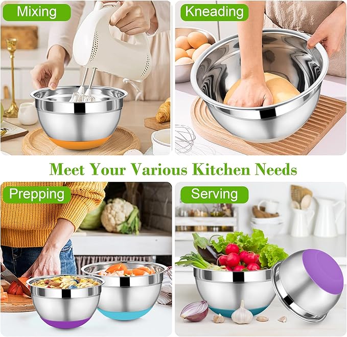 TeamFar Mixing Bowls with Lids, 4.6/3.5/2/1.5/1/0.7 QT Stainless Steel Nesting Salad Bowls with Airtight Lids, For Mixing Serving, Non-Toxic & Sturdy, Non-Slip & Visible, Multi-Color, Set of 6
