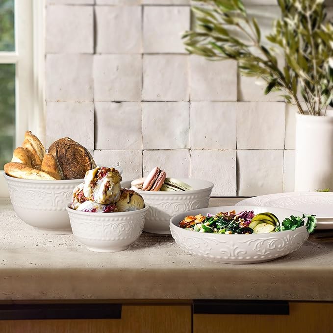 Large Salad Bowls Set of 4, 60oz White Serving Bowls Deep Deep Embossed Ceramic Mixing Bowl for Soup Kitchen, Eating, Ramen, Pasta, Dishwasher & Microwave Safe 8 inch (Brocade Flower)