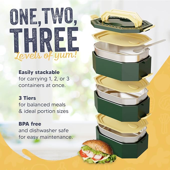 Stainless Steel Stackable Bento Box Adult Lunch Box with Cutlery - Hot/Cold - Separates Ideal Portion Sizes - Reusable Tin Inserts - Dishwasher Safe - Stackable Lunch Container for Adults with Spork