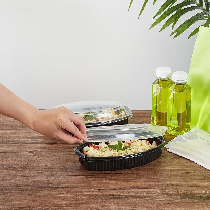 Restaurantware RW Base 24 Ounce Meal Prep Containers, 100 Microwavable To Go Containers With Lids - Disposable, Freezable, Black Plastic Oval Food Containers, Pack Hot And Cold Food, For Takeaway
