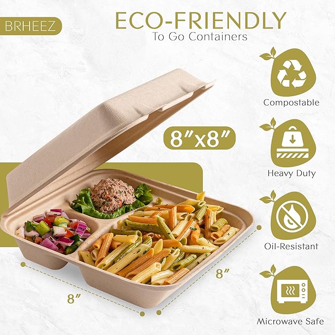 brheez Disposable Clamshell To-Go Containers – Bagasse Fiber Biodegradable Containers with Lids for Takeout, Parties, & Holidays – Pack of 50 Chemical-Free, 3-Compartment Boxes, 8"x8", Natural
