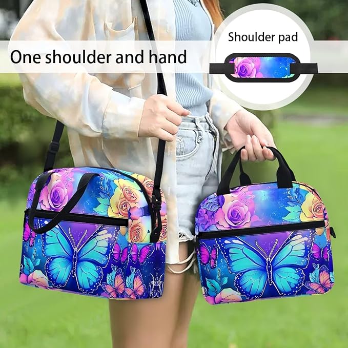 Showudesigns Butterfly Lunch Bag for Teen Girls 12-14 Middle School Lunch Box Insulated Cooler Tote Bag for School Work Office Shopping Lunchbox Food Containers Organizer Purple