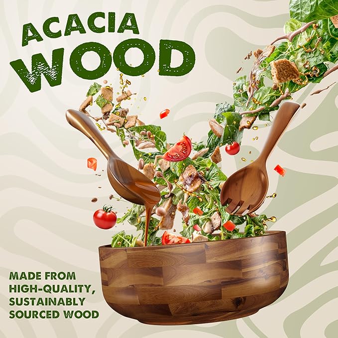12" Salad Bowl Set with 2 Wooden Hands - Large Acacia Wood Serving Bowl with Serving Utensils - Big Mixing Bowl for Fruits, Salad,Pasta for Kitchen Counter (12" Diameter x 4.5" Height)