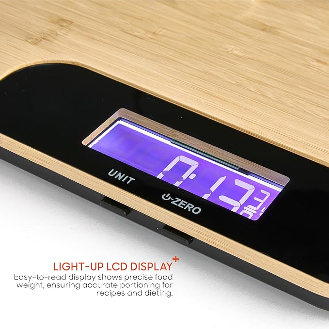 Sharper Image® Bamboo Wood Cutting Board & Food Scale – 33 lb Capacity, LCD Displays Grams & Oz| Kitchen Gadget Essential| Nutrition, Portion Control, Meal Prep, Baking, Dieting, Keto, Weight Loss