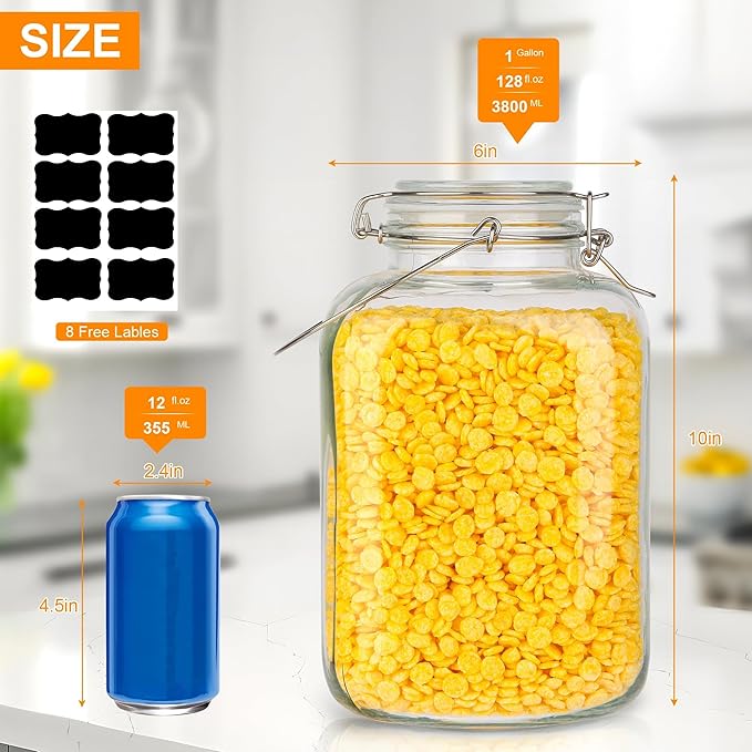 1 Gallon Glass Jar with Lid, 128oz Glass Jars with Airtight Lid Set of 2, Square Mason Jars, Large Storage Containers with Handle for Canning, Pasta, Flour, Sugar, Rice, Coffee Beans, Cereal